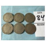 Six U.S. Liberty Head "V" Nickels