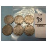 Six U.S. Liberty Head "V" Nickels