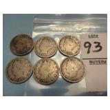 Six U.S. Liberty Head "V" Nickels