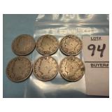 Six U.S. Liberty Head "V" Nickels