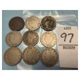 Nine U.S. Liberty Head "V" Nickels