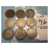 Nine U.S. Liberty Head "V" Nickels
