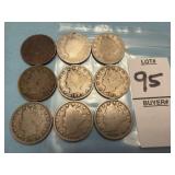 Nine U.S. Liberty Head "V" Nickels