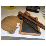 Vintage wooden kitchen tools, chalkboard and