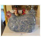 Blue and white speckled ceramic hen figurine