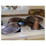 Vintage copper dishes, strainer, pan and pitcher
