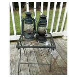 Black wrought iron table with 2 vintage green