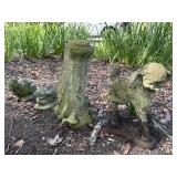 Weathered concrete lamb, bunny, squirrel and tree