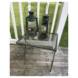 Black wrought iron table with 2 vintage green