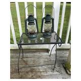 Black wrought iron table with 2 vintage green