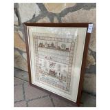 Linen needle point sampler- framed 22 x 26 inches