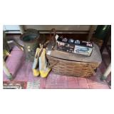 Basket, Foot Pump, Metal Can and Vintage Boots