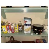 Shelf lot of sugar, filters, vintage tin and