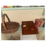 Shelf lot of wooden hanging decor, basket and
