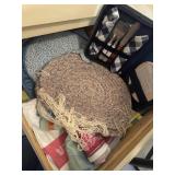Drawer lot of placemats, towels, cheese board etc