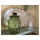 2 glass canisters and floral serving dish