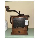 Antique wooden box hand-crank coffee mill