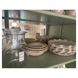 Ceramic scalloped edge dinner plates, glass