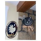 Wooden hand painted rooster sign & cat head
