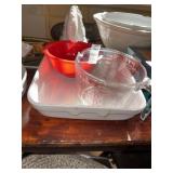 Vintage red pyrex bowl, glass measuring cup and
