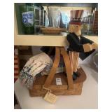Hinged basket, wooden Uncle Sam, crocheted towels