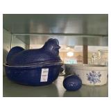 Vintage cobalt blue hen casserole dish with egg