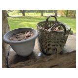 Plastic planter and handled woven basket