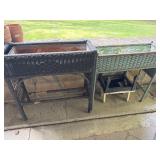 2 wicker planter stands and 2 wooden benches