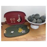 2 vintage painted decor trays & compote dish with