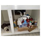 Lot of misc cleaning supplies, vintage hair