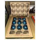 Vintage blue Shiny Brite ornaments in box and 1