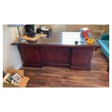Wooden office desk with glass top and chair, NO
