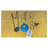 Abalone butterfly slide & (3) vintage necklaces