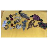 Sequined figural pins, rhinestone screw earrings