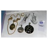 2 vintage pendants, silvertone necklace, locket