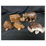 Collection Of Carved Wooden Animals, Sea Turtle &