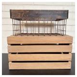 Natural Wood Finish Crate With Wire/Wood Basket 12