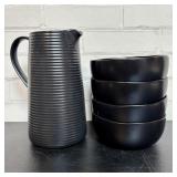 Ceramic Black Ribbed Pottery Style Pitcher With 4