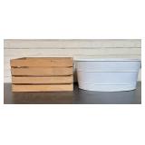 White Metal Tub With Natural Wood Crate (Tub 14'X2