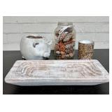Pottery Pig, Carved Wooden Bowl And Decorations 6'