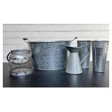 Lot Of Galvanized Metal Planters, Pitcher And Deco