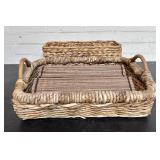 Woven Wicker Basket Tray With Divided Bin And Plac