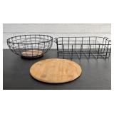 Pair Of Wire Baskets With Round Wood Tray 9'X15'X4