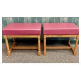 A Pair of Oak Benches with Burgundy Vinyl Seats