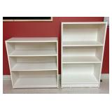 Two White Laminate Three-Shelf Bookcases