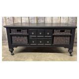 Black Painted Wood Coffee Table with Woven Storage