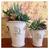 A Pair of Glazed Ceramic Urn Form Planters with Fa