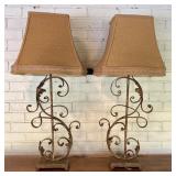 A Pair of Large Wrought Iron Scrollwork Table Lamp