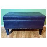 Navy Blue Faux Leather Storage Ottoman Bench with