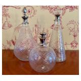 Three Cut Lead Crystal Decanters with Metal and Gl